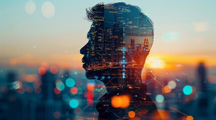Silhouette of a man with a double exposure of a city skyline and colorful lights, symbolizing urban life and modern technology.