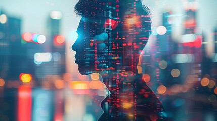 Silhouette of a person in front of a cityscape with digital data overlay, symbolizing technology and artificial intelligence.
