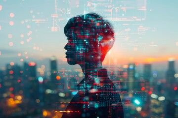 Silhouette of a person overlaid with digital code, symbolizing artificial intelligence and technology in a city backdrop.