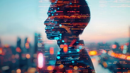 Silhouette of a person overlaid with digital coding sequences, representing technology integration and futuristic concepts in urban settings.