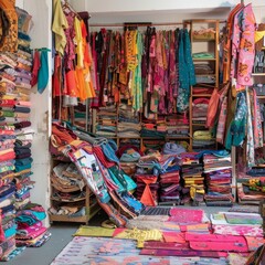 Vibrant Upcycled Textiles in Designer's Studio - Creative Space with Colorful Fabric Rolls for Fashion Design - Ultra Realistic Photo