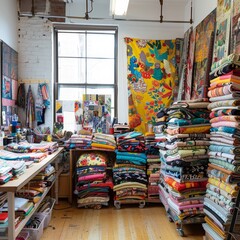 Fototapeta premium Vibrant Designer's Studio with Upcycled Textiles for Garment Making