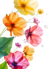 Fresh flying colorful flowers transparent structure and leaves isolated on white