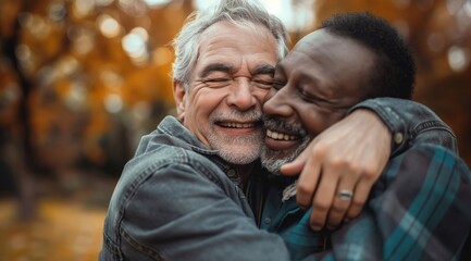Two middle-aged men hugging. Interracial gay couple in love. Candid senior same-sex married husbands.