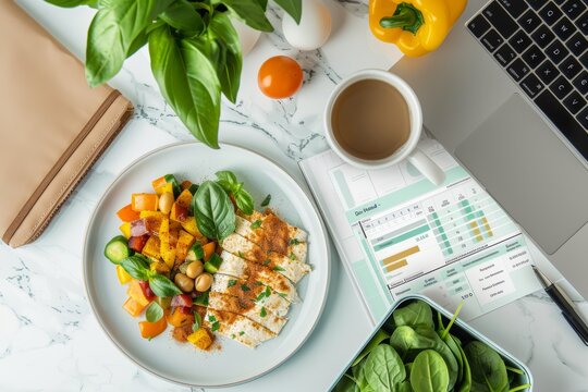 DASH Diet Monthly Planner on Laptop with Fresh Vegetables and Coffee in Modern Kitchen Setting