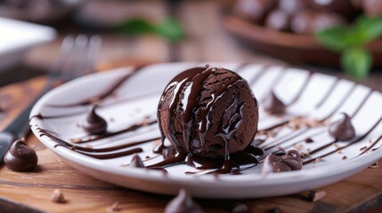 Cake truffle served with rich dark chocolate sauce