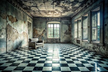 Abandoned room with checkered floor and peeling walls