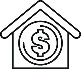Line art illustration of a house icon containing a dollar symbol, representing concepts like real estate investment, property value, and homeownership