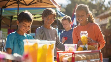 Obraz premium Children Hosting a Lemonade Stand Fundraiser Event on a Sunny Day for School Supplies Support