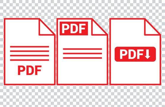 PDF file format icons set. PDF file download symbols. Format for texts, images, vector images, videos, interactive forms - stock vector.