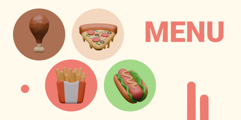 Vector menu template with fast food icons buttons. 3D images