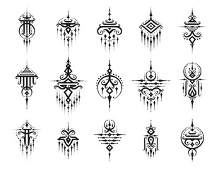 Sacred oriental thai symbols, vector black traditional religious motifs of Thailand. Cultural decorations, monochrome tattoo, signs reflecting heritage, spiritual depth and path to enlightenment