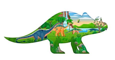Paper cut prehistoric dinosaur silhouette with landscape and dino roam amidst verdant foliage, waterfalls and mountains. Sarcosuchus, quaesitosaurus, apatosaurus and polacanthus in natural environment