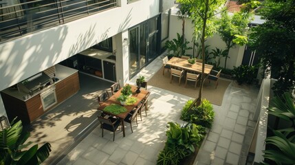 Naklejka premium Stylish Typography Art of a Spacious Townhome with Outdoor Kitchen and Botanical Decor in Samut Prakan's Bangna Area