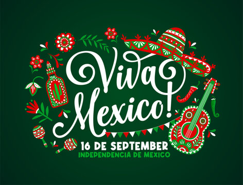 Viva mexico mexican independence day banner with sombrero, tequila and guitar, maracas and flowers. Vector holiday celebration greeting card with traditional jalapeno peppers, flag garland and hat