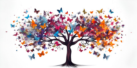 Illustration of watercolor tree with butterfly leaves bright colors, International happy day living together peace image Ai generated art

