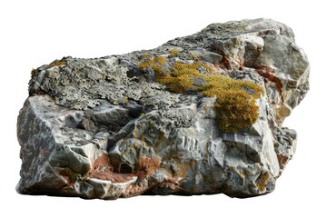 Fototapeta premium Close-up of a textured rock with moss growth, showcasing natural formations and geological patterns in detail, white background