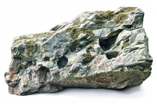 Close-up of a large moss-covered rock with unique textures and formations, isolated on a white background.