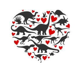 I love dinosaurs heart shape. Vector dino silhouettes arranged in a heart shape, symbolizing passion for ancient creatures. T-rex, brachiosaurus and triceratops species intermingled with red hearts