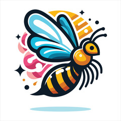 Vibrant Colorful Bee Illustration with Abstract Floral Elements, Detailed and Artistic Insect Design.