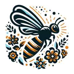 Vibrant Artistic Stylized Bee Illustration with Colorful Floral Elements Modern Artistic Illustration of a Honeybee.