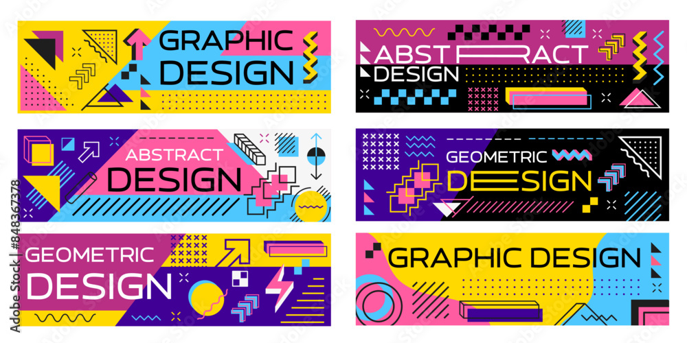 Poster Abstract geometric modern memphis banners with vector line pattern of trendy minimal graphic elements. Geometric shapes grid background with squares, circles, triangles and dots, zigzag and wavy lines