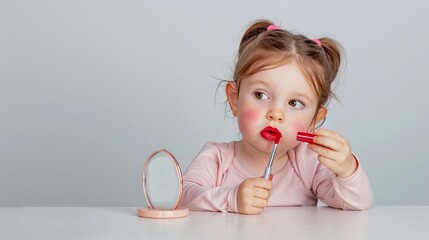 Little girl with cute pigtails applying red lipstick while looking in the mirror. Sweet child playing with makeup at home. A loving moment in a child's play and exploration. AI