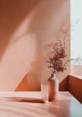 There is a ceramic vase on a table with a plant in it. The vase is sitting in front of a window and there are shadows on the wall behind it.

