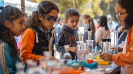 School Festival Science Booth: Students Demonstrating Experiments and Sharing Knowledge