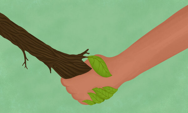 Harmony with nature symbolized in a handshake illustration