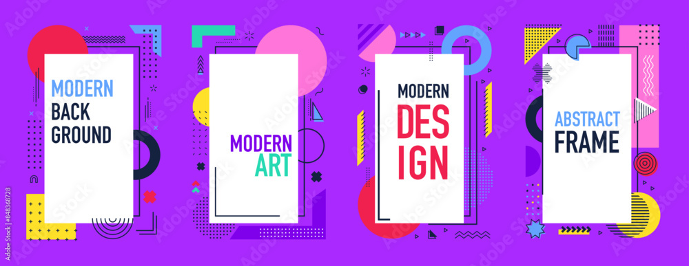 Aufkleber Abstract modern business memphis banners with vector line patterns of minimal graphic elements and geometric shapes. Trendy memphis ornament of circles, squares and triangles, dots, waves and zigzags