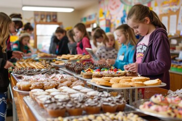 School Fundraising Bake Sale with Students and Parents Selling Homemade Treats