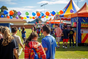 Community School Carnival Fundraiser with Colorful Games, Food Stalls, and Activities Under Clear Blue Sky