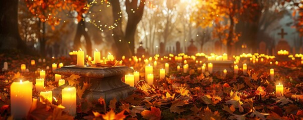 Obraz premium Candles light up the grave,and autumn leaves lay upon it in front