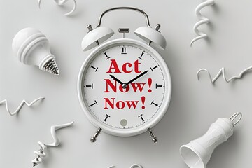 A white alarm clock with the words Act Now! on the face sits on a white background surrounded by white light bulbs and other white objects