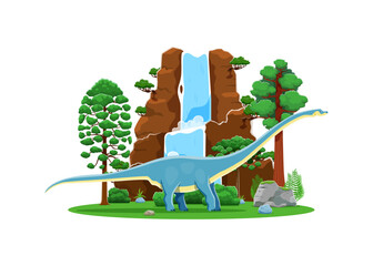 Cartoon prehistoric mamenchisaurus dinosaur character. Isolated vector long-necked sauropod with blue spotted skin standing before a majestic mountain with a waterfall at serene Mesozoic landscape © Vector Tradition
