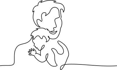 Fototapeta premium Happy Fathers Day holiday card. Dad hug baby. one line drawing