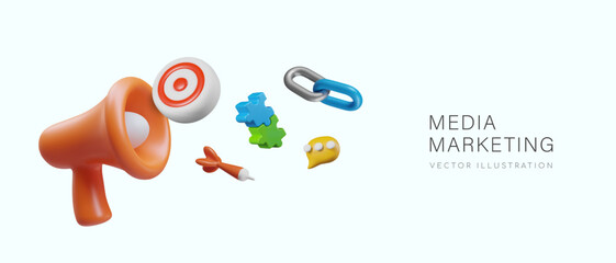 3D megaphone, target, dart needle, puzzles, chain links, message sign