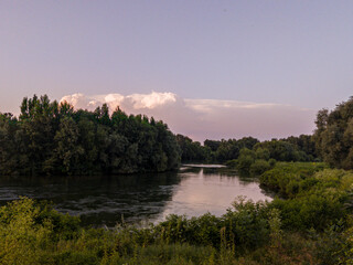 Obraz premium Landscape with river, trees and blue sky