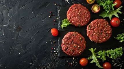 Plant based meat uncooked burger patties on black background seen from above with space for text