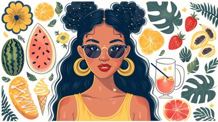 Illustration of a woman with curly hair wearing a hat and sunglasses, surrounded by tropical elements and vibrant colors.
