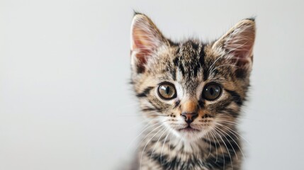 Adorable brown cat sitting and gazing at the camera cute kitten on white backdrop close up portrait of a furry animal