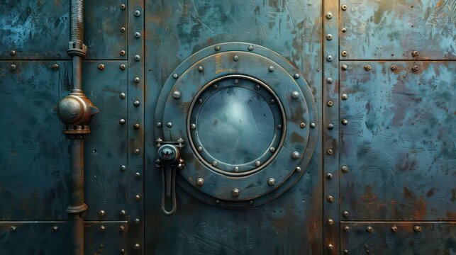 Metal door with porthole on wall with pipes, valves and rivets. Bunker close entrance. Ship or secret laboratory steel bulletproof doorway with illuminator and rotating lock wheel realistic 3D modern.