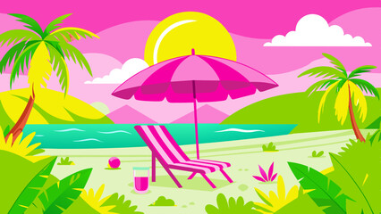  Exotic beach scene with sun lounger and umbrella on sunny day. Holidays, travel, tourism, family resort, children beach activities. Vacation paradise with palm trees and beach chair by ocean