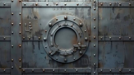 Metal door with porthole on wall with pipes, valves and rivets. Bunker close entrance. Ship or secret laboratory steel bulletproof doorway with illuminator and rotating lock wheel realistic 3D modern.