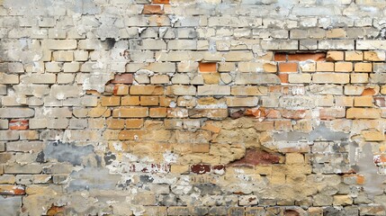 A weathered brick wall with missing bricks and peeling mortar.