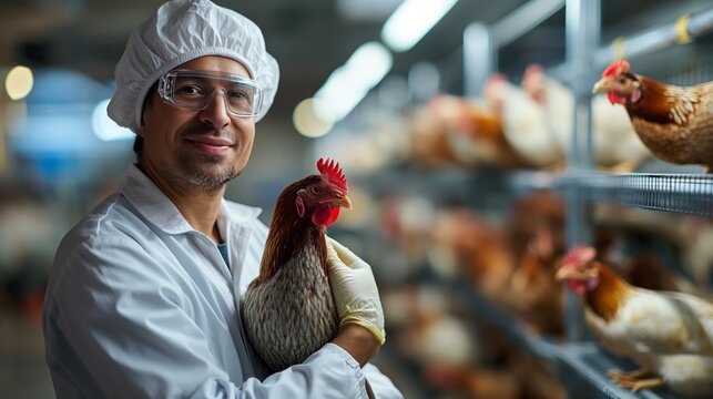 A dedicated farmer proudly holds a healthy chicken in his arms, symbolizing care and responsibility.