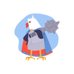 Vector illustration depicting a powerful parrot hero in a blue cloak with a mace