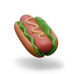 Hot dog on white background. Bun with lettuce, sausage, mustard