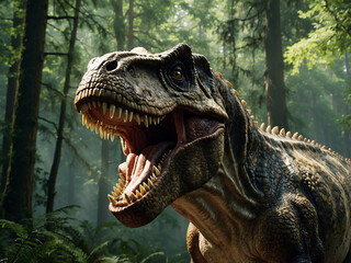Obraz premium Tyrannosaurus, t-rex in the forest background, AI Generative